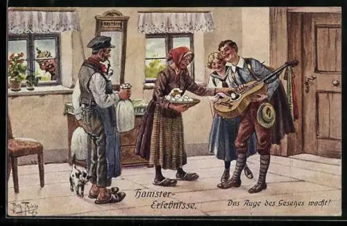 Künstler-AK Arthur Thiele: Hamster-Erlebnisse, Das Auge des Gesetzes wacht, Polizist schaut durch ein Fenster