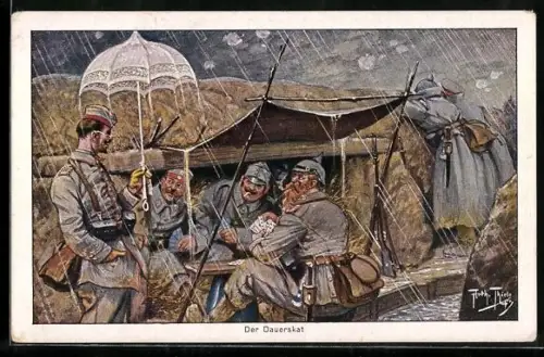 Künstler-AK A. Thiele: Der Dauerskat im Schützengraben