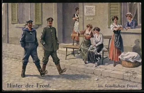 Künstler-AK Arthur Thiele: Hinter der Front, junge Damen gucken einem Matrosen und Soldaten hinterher