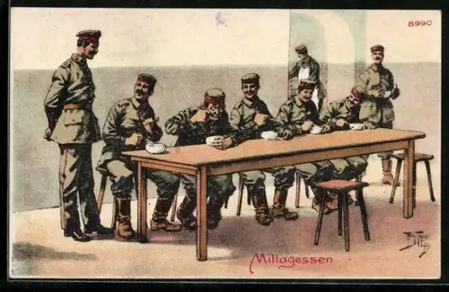 Künstler-AK A. Thiele: Mittagessen, Soldaten in der Kantine