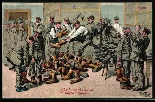 Künstler-AK A. Thiele: Soldaten werden eingekleidet