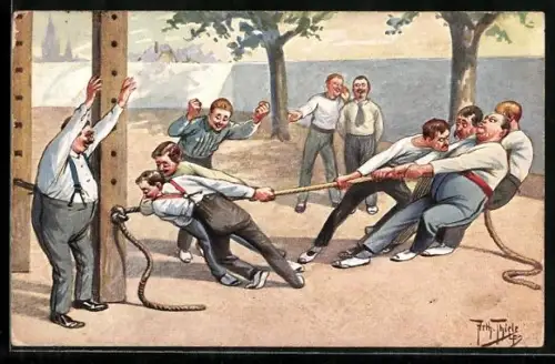 Künstler-AK Arthur Thiele: Männer schummeln beim Tauziehen