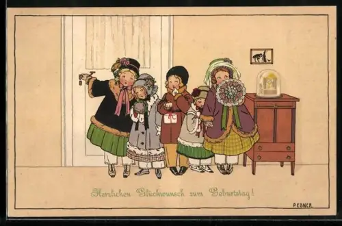 Künstler-AK Pauli Ebner: Freundinnen bringen Geschenke zum Namenstag