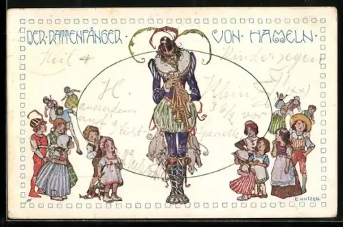Künstler-AK Ernst Kutzer: Der Rattenfänger von Hameln spielt auf seiner Flöte, Kinder beobachten ihn