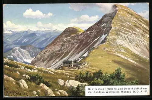 Künstler-AK Rudolf Reschreiter: Berghütte Krottenkopf-Hütte aus der Vogelschau, Blick zum Krottenkopf