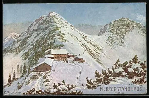 Künstler-AK Rudolf Reschreiter: Herzogstandhaus im Schnee