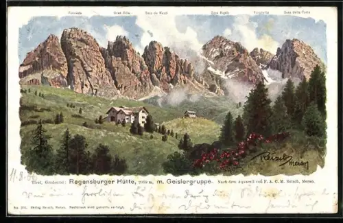 Künstler-AK F.A.C.M. Reisch: Grödental, Regensburger Hütte mit Geislergruppe