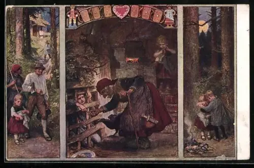 AK Hänsel und Gretel, Hänsel tröstet Gretel im Wald, Hexe vor Hänsels Gefängnis, beide mit den Eltern im Wald