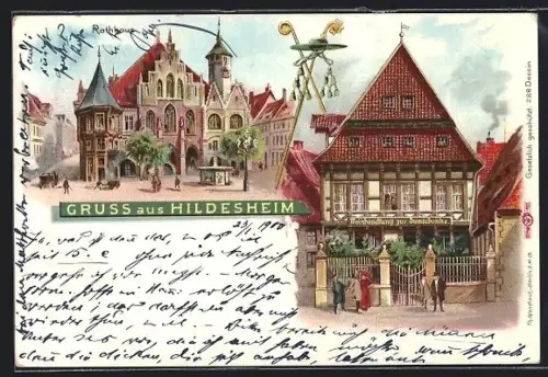 Lithographie Hildesheim, Gasthaus zur Domschänke, Rathaus