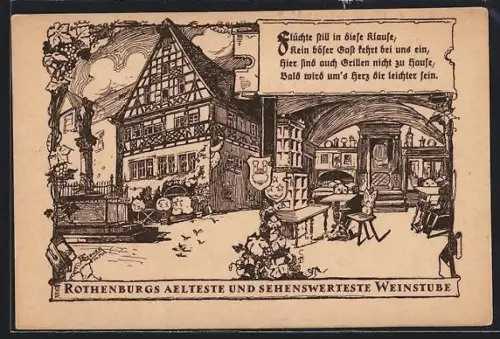 Künstler-AK Rothenburg / Tauber, Älteste Weinstube mit Innenansicht, Gasthaus Meistertrunk