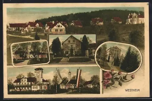 AK Westheim / Schwab., Kurhaus, Bahnhofsrestaurant und Ortsansicht