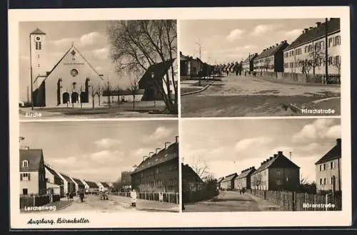 AK Augsburg, Hirschstrasse, Bärenstrasse, Lerchenweg, Blick zur Kirche