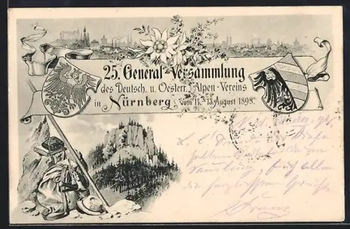 AK Nürnberg, 25. General-Versammlung des Dt. und Österr. Alpen-Vereins 1898, Stadtsilhouette, Edelweiss, Wappen