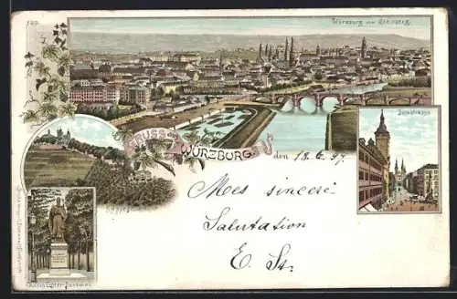 Lithographie Würzburg, Stadtansicht vom Steinberg, Domstrasse, Julius Echter-Denkmal