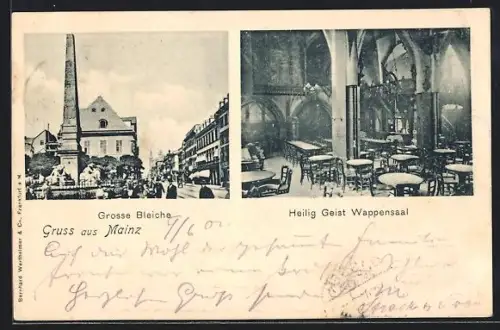 AK Mainz, Grosse Bleiche mit Denkmal, Heilig Geist Wappensaal