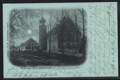 Mondschein-AK Knyphausen, Strassenpartie mit Burg Knyphausen