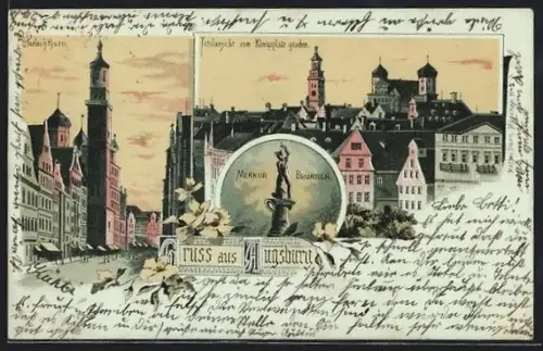 Lithographie Augsburg, Perlachturm, Merkurbrunnen, Totalansicht vom Königsplatz gesehen