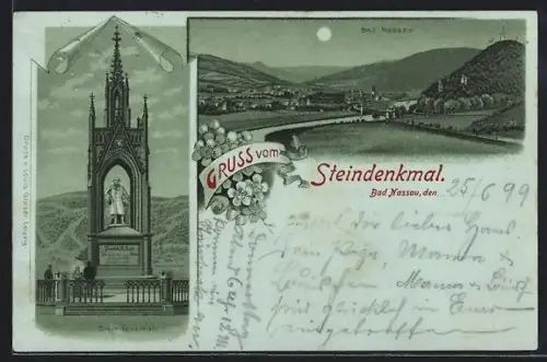 Mondschein-Lithographie Bad Nassau, Denkmal für den Freiherr von und zum Stein, Ortsansicht
