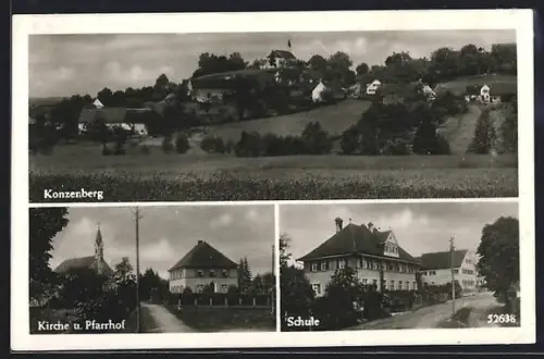 AK Konzenberg, Kirche und Pfarrhof, Schule, Ortsansicht vom Feld aus