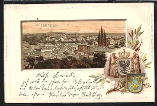 Passepartout-Lithographie Wiesbaden, Teilansicht, Wappen