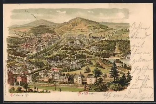 Lithographie Bad Nauheim, Gesamtansicht mit Kurviertel