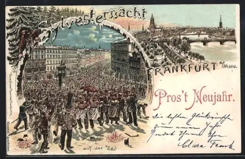 Lithographie Frankfurt a. Main, Menschenmenge auf der Zeil in der Sylversternacht, Teilansicht, Neujahrsgruss