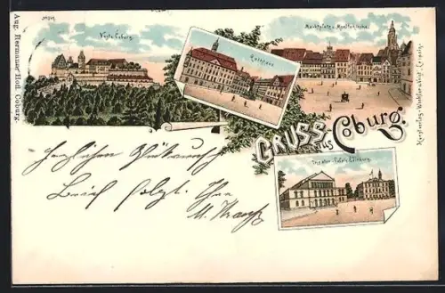 Lithographie Coburg, Veste Coburg, Theater-Palais Edinburg, Rathaus