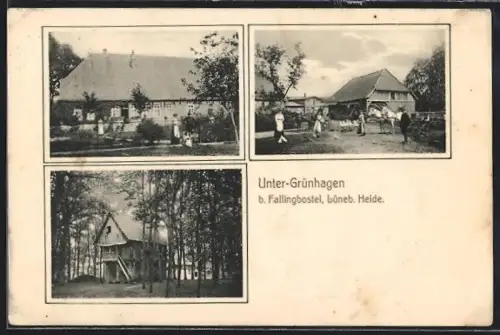 AK Unter-Grünhagen b. Fallingbostel, Bauernhaus, Holzhaus, Ortspartie