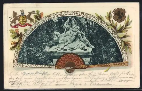 Passepartout-Lithographie Stuttgart, Denkmal im Fächer, Wappen