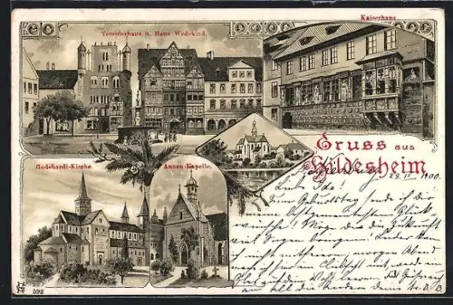 Lithographie Hildesheim, Kaiserhaus, Templerhaus u. Haus Wedekind, Annen-Kapelle