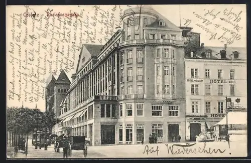 AK Coblenz, Rheinpromenade mit Hotel zur Traube und Strassenbahn