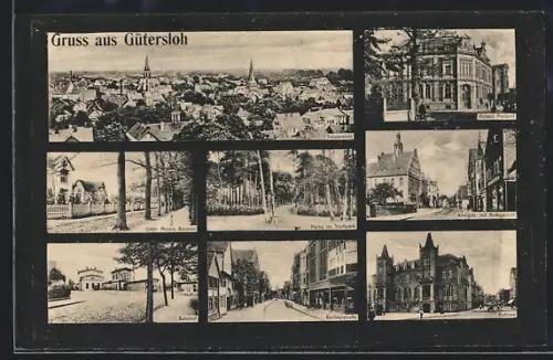 AK Gütersloh, Bahnhof, Partie im Stadtpark, Kaiserliches Postamt