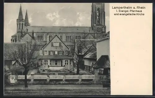 AK Lampertheim a. Rhein, Evangelisches Pfarrhaus und evangelische Kirche