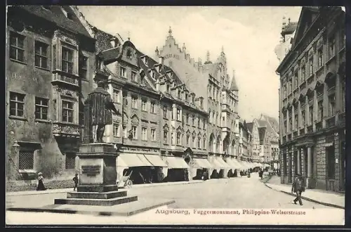 AK Augsburg, Philippine-Welserstrasse mit Fuggermonument