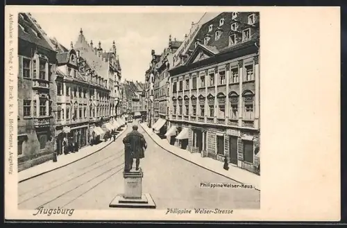 AK Augsburg, Philippine Welser-Haus in der Philippine Welser-Strasse mit Fuggerdenkmal