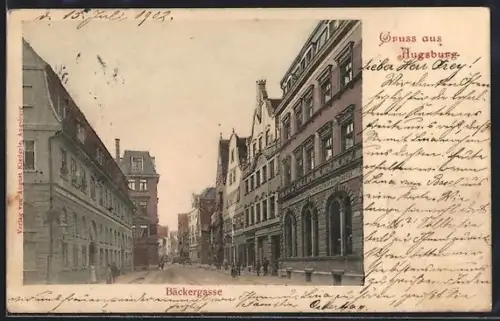 AK Augsburg, Strasse Bäckergasse mit Gasthaus zum schwarzen Gockel