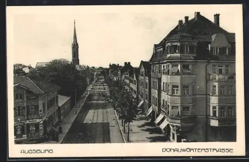 AK Augsburg, Donauwörterstrasse mit Geschäft und Kirche