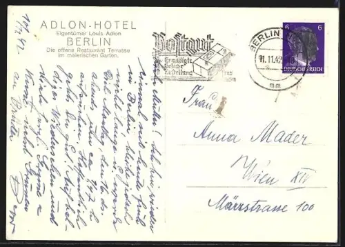 AK Berlin, Adlon-Hotel von Louis Adlon, die offene Restaurant Terrasse im malerischen Garten