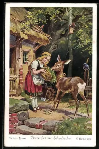 Künstler-AK sign. G. Hinke: Märchen Brüderchen und Schwesterchen, Mädchen füttert das Reh