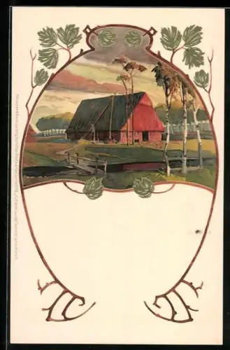 Künstler-AK Abendstimmung an einem Bauernhaus, Darstellung im Jugendstil