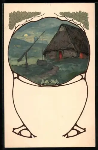 Künstler-Mondschein-AK Meissner & Buch (M&B) Serie 1176: Auf dem Lande, Bauernhaus