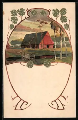 Künstler-AK Abendstimmung an einem Bauernhaus, Darstellung im Jugendstil