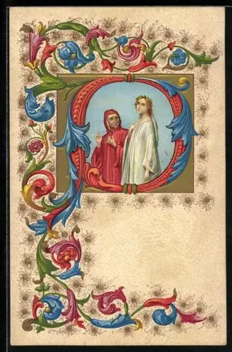 Lithographie Dante im Gespräch mit junger Frau in weissem Gewand, Ornamente