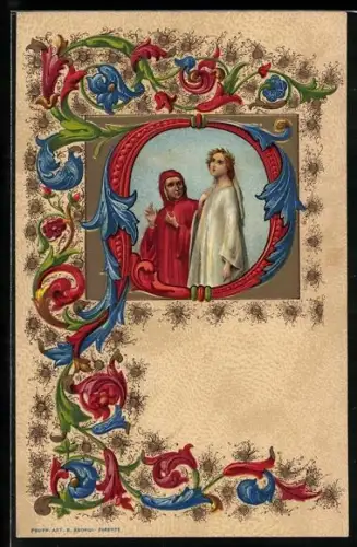 Lithographie Dante im Gespräch mit junger Frau in weissem Gewand, Ornamente