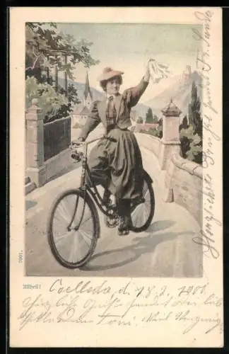 AK Frau auf einem Fahrrad winkt mit einem Taschentuch