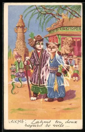 AK Katzenpaar in Hochzeitskleidung, vermenschlichte Tiere