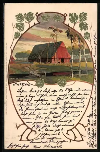 AK Herbstliche Landschaft mit Bauernhaus, Jugendstil