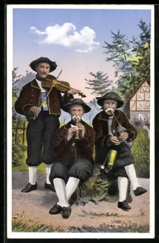 AK Egerland, Musikanten in Tracht aus den Sudeten spielen Geige und Sackpfeife