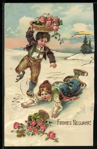 AK Kinder in Trachten bringen Blumen auf Schlittschuhen