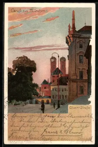 Künstler-Lithographie Heinrich Kley: München, Elisen-Strasse